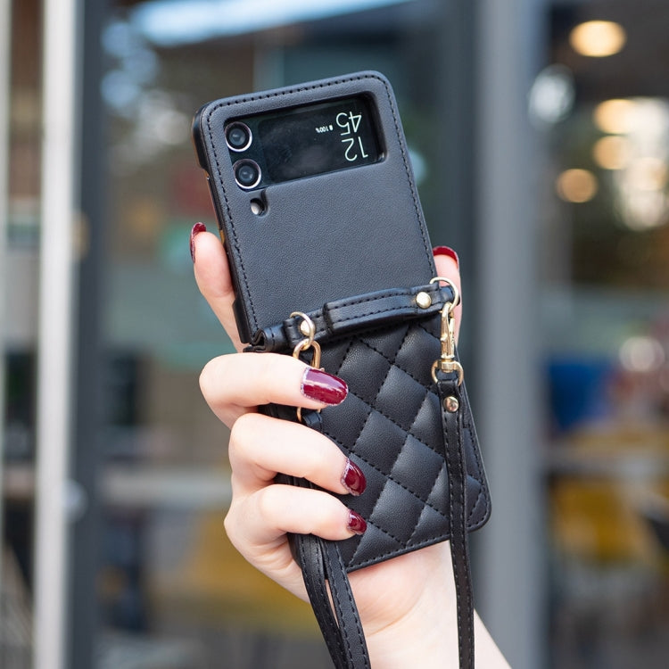 For Samsung Galaxy Z Flip4 Rhombus-shaped Crossbody Lanyard Leather Phone Case