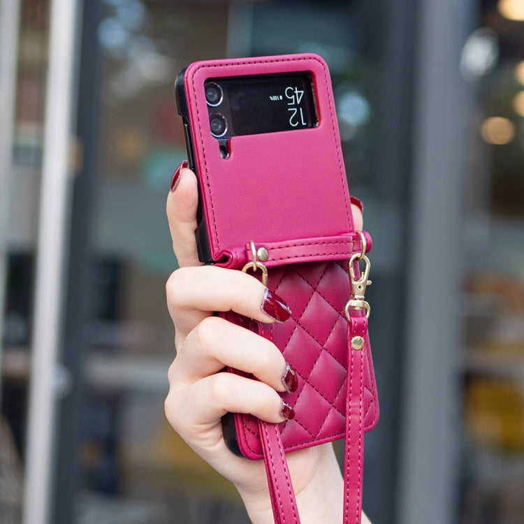 For Samsung Galaxy Z Flip4 Rhombus-shaped Crossbody Lanyard Leather Phone Case