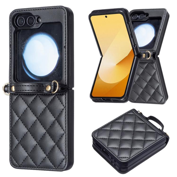 For Samsung Galaxy Z Flip7 Rhombus-shaped Crossbody Lanyard Leather Phone Case