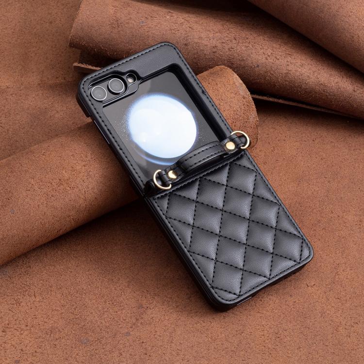 For Samsung Galaxy Z Flip7 Rhombus-shaped Crossbody Lanyard Leather Phone Case