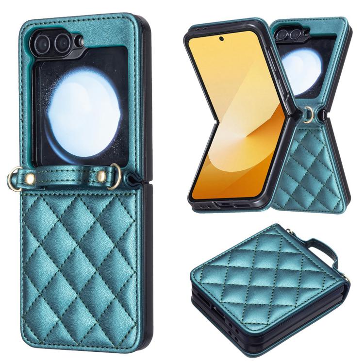 For Samsung Galaxy Z Flip7 Rhombus-shaped Crossbody Lanyard Leather Phone Case