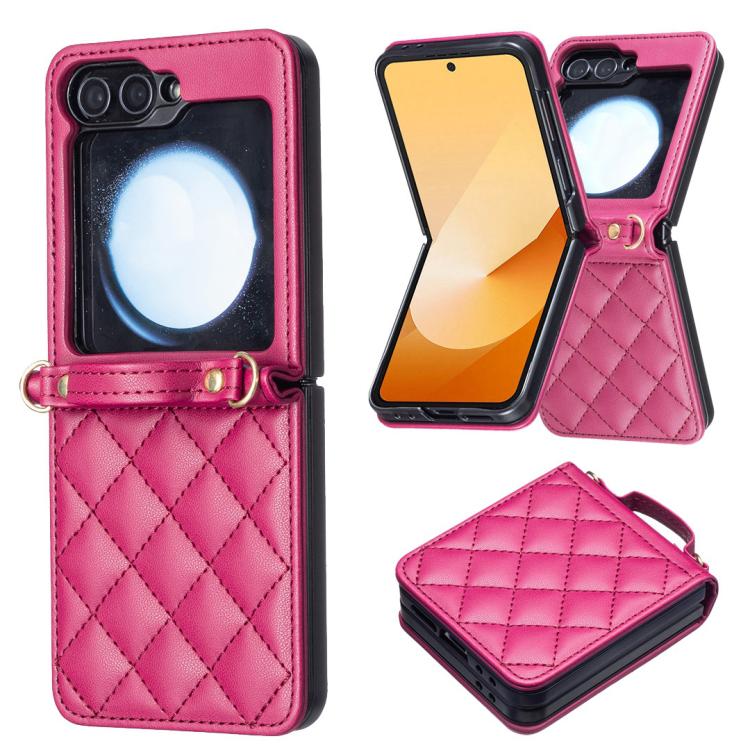 For Samsung Galaxy Z Flip7 Rhombus-shaped Crossbody Lanyard Leather Phone Case