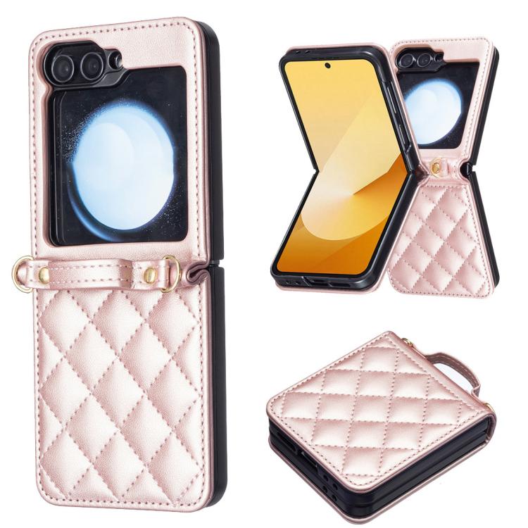 For Samsung Galaxy Z Flip7 Rhombus-shaped Crossbody Lanyard Leather Phone Case