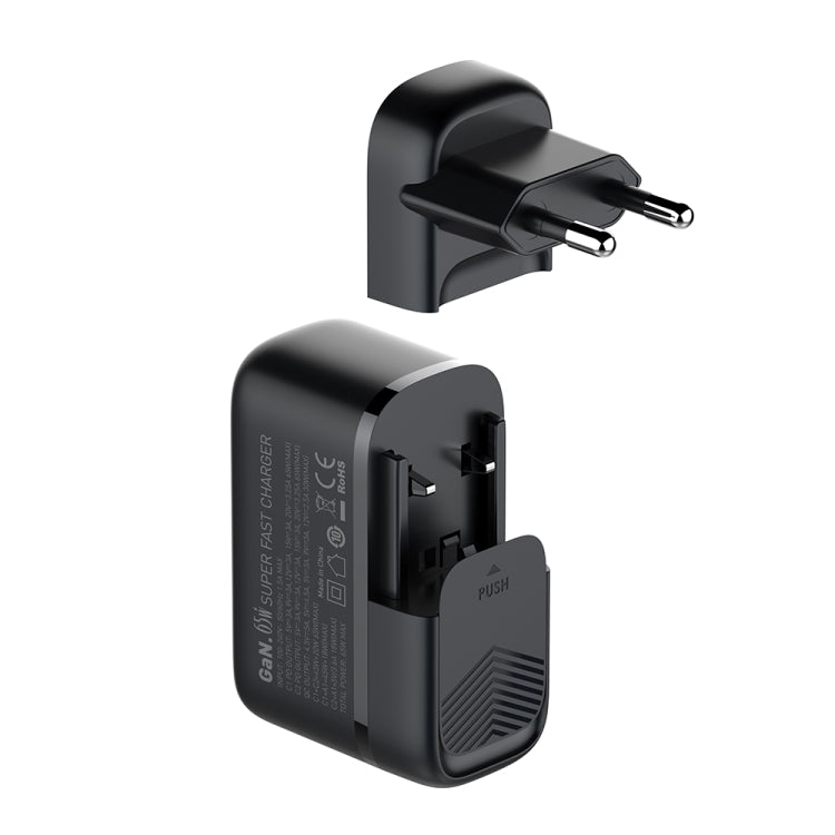 LDNIO Q366 65W USB + Dual Type-C Port Charger with 1m USB-C / Type-C to USB-C / Type-C Data Cable, Plug Type:EU Plug - Black