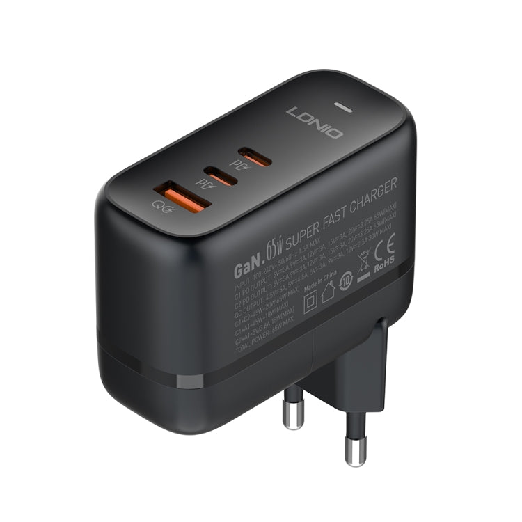 LDNIO Q366 65W USB + Dual Type-C Port Charger with 1m USB-C / Type-C to USB-C / Type-C Data Cable, Plug Type:EU Plug - Black