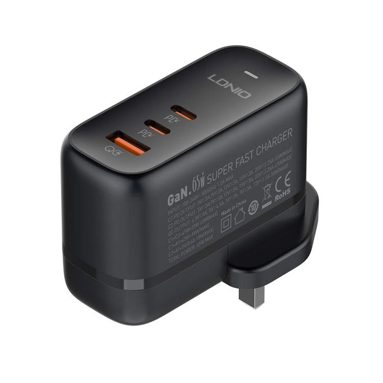 LDNIO Q366 65W USB + Dual Type-C Port Charger with 1m USB-C / Type-C to USB-C / Type-C Data Cable, Plug Type:UK Plug - Black