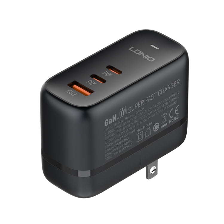 LDNIO Q366 65W USB + Dual Type-C Port Charger with 1m USB-C / Type-C to USB-C / Type-C Data Cable, Plug Type:US Plug - Black