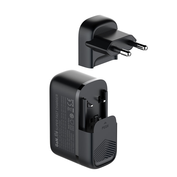 LDNIO Q367 65W GaN 3 x USB-C / Type-C Interface Charger with 1m USB-C / Type-C to USB-C / Type-C Data Cable, Plug Type:EU Plug - Black