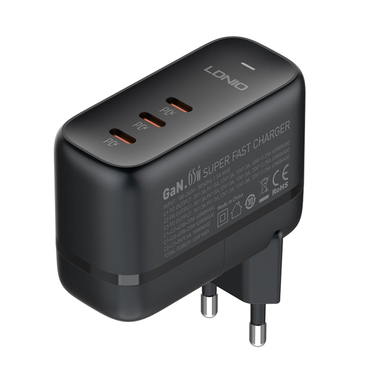 LDNIO Q367 65W GaN 3 x USB-C / Type-C Interface Charger with 1m USB-C / Type-C to USB-C / Type-C Data Cable, Plug Type:EU Plug - Black