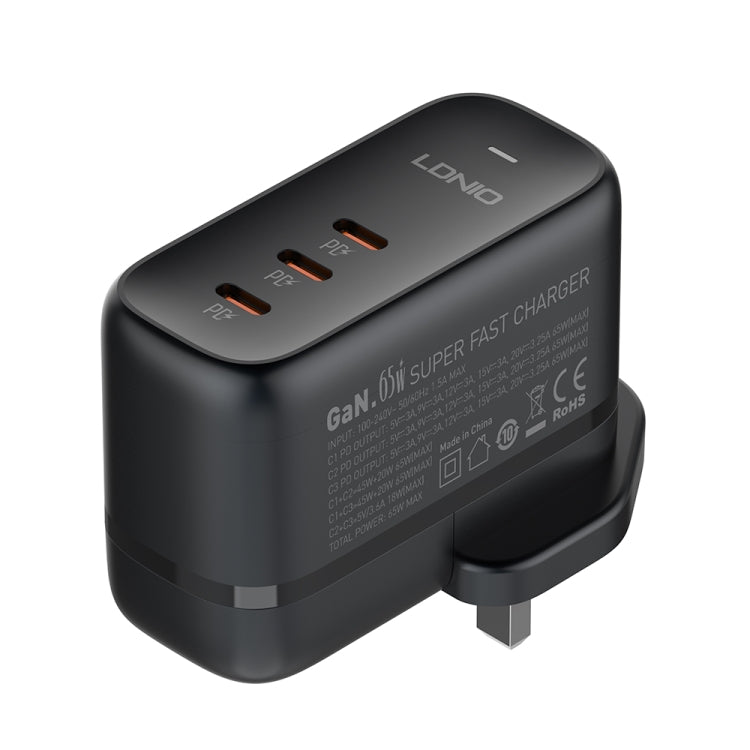 LDNIO Q367 65W GaN 3 x USB-C / Type-C Interface Charger with 1m USB-C / Type-C to USB-C / Type-C Data Cable, Plug Type:UK Plug - Black