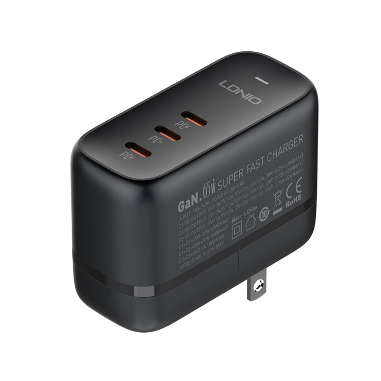 LDNIO Q367 65W GaN 3 x USB-C / Type-C Interface Charger with 1m USB-C / Type-C to USB-C / Type-C Data Cable, Plug Type:US Plug - Black