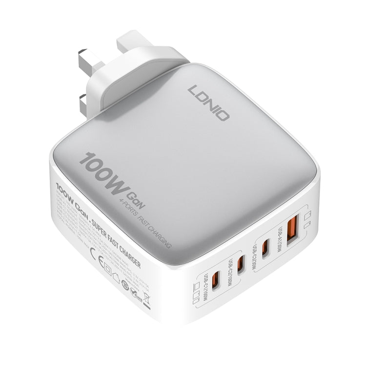 LDNIO Q408 100W GaN USB+3 USB-C / Type-C Interface Charger with 1m 100W USB-C / Type-C to USB-C / Type-C Data Cable, Plug Type:UK Plug