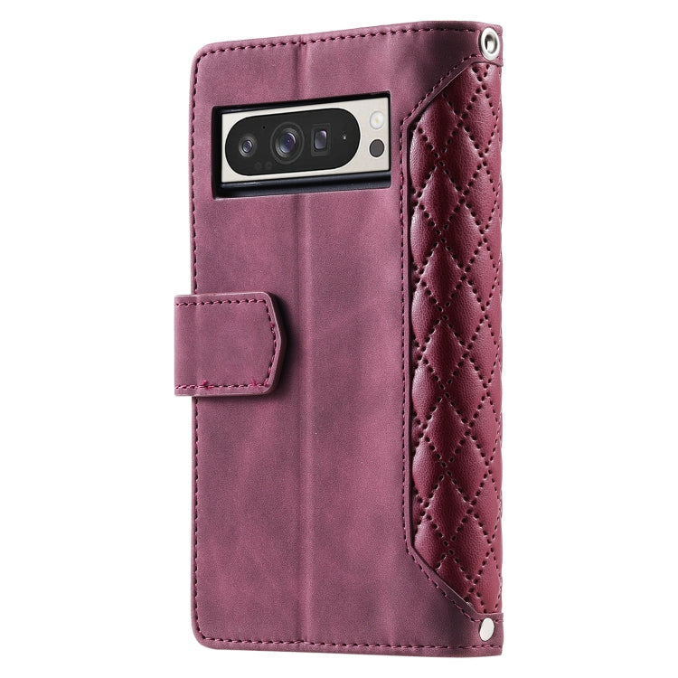 For Google Pixel 9 Pro XL Grid Texture Zipper Leather Phone Case with Lanyard
