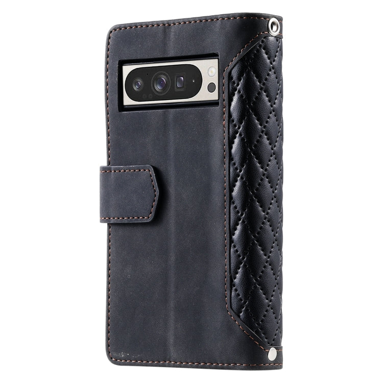 For Google Pixel 9 Pro XL Grid Texture Zipper Leather Phone Case with Lanyard