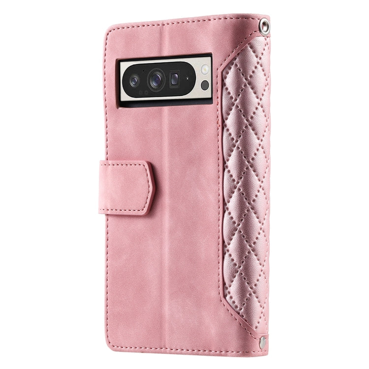 For Google Pixel 9 Pro XL Grid Texture Zipper Leather Phone Case with Lanyard