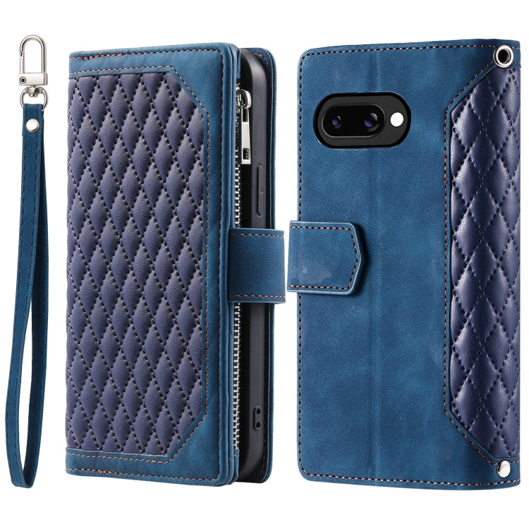 For Google Pixel 9a Grid Texture Zipper Leather Phone Case with Lanyard