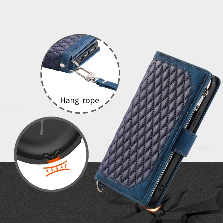 For Google Pixel 9a Grid Texture Zipper Leather Phone Case with Lanyard