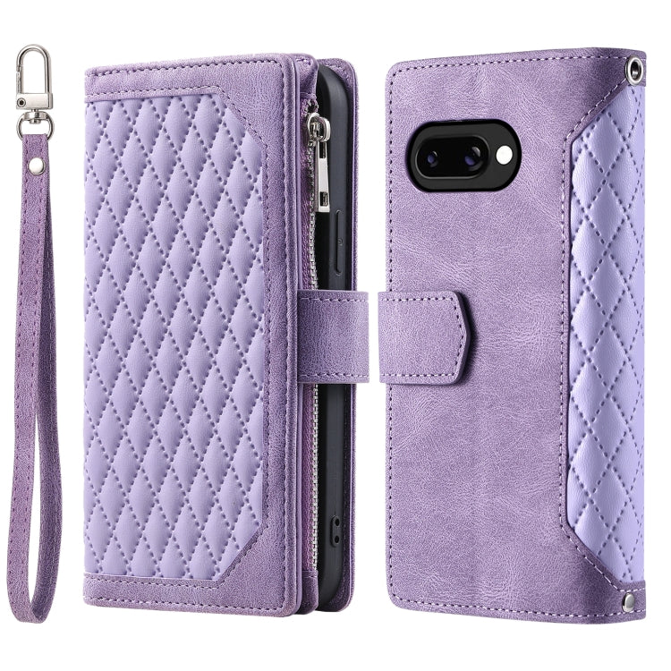 For Google Pixel 9a Grid Texture Zipper Leather Phone Case with Lanyard