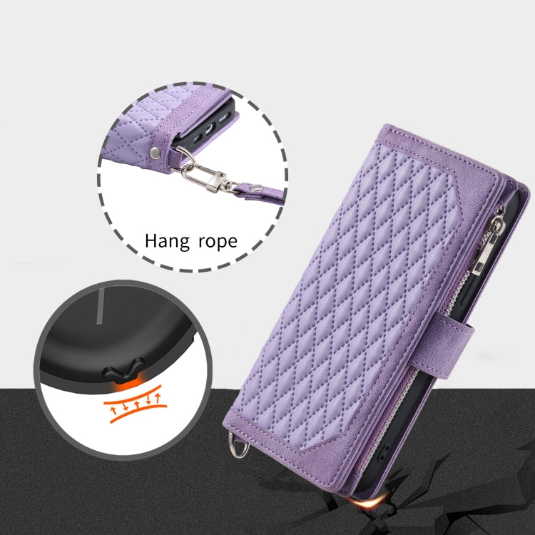For Google Pixel 9a Grid Texture Zipper Leather Phone Case with Lanyard