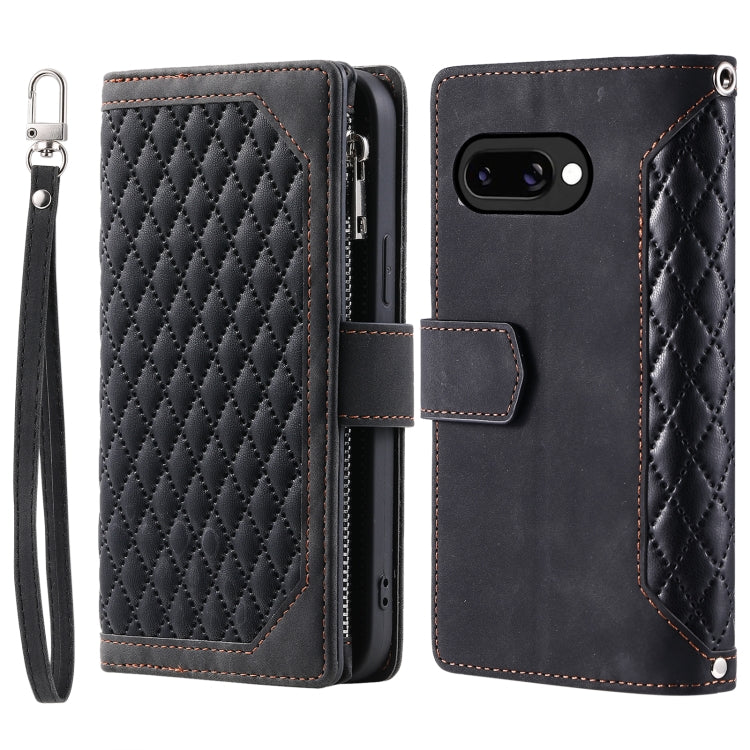For Google Pixel 9a Grid Texture Zipper Leather Phone Case with Lanyard