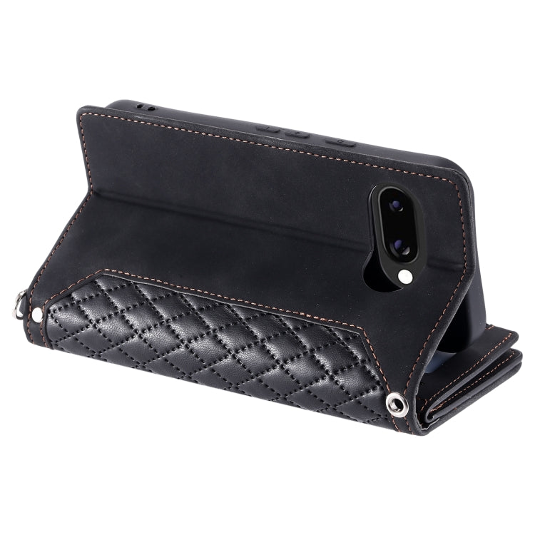 For Google Pixel 9a Grid Texture Zipper Leather Phone Case with Lanyard