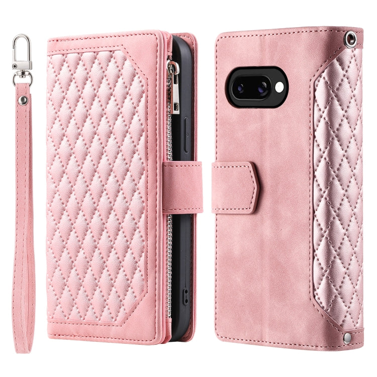 For Google Pixel 9a Grid Texture Zipper Leather Phone Case with Lanyard