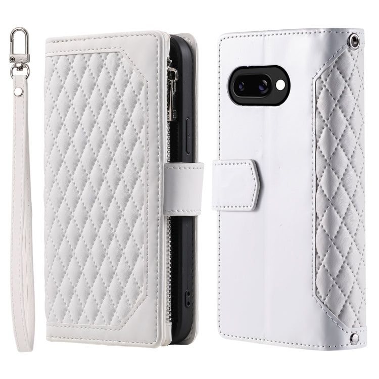 For Google Pixel 9a Grid Texture Zipper Leather Phone Case with Lanyard