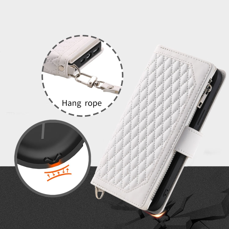 For Google Pixel 9a Grid Texture Zipper Leather Phone Case with Lanyard