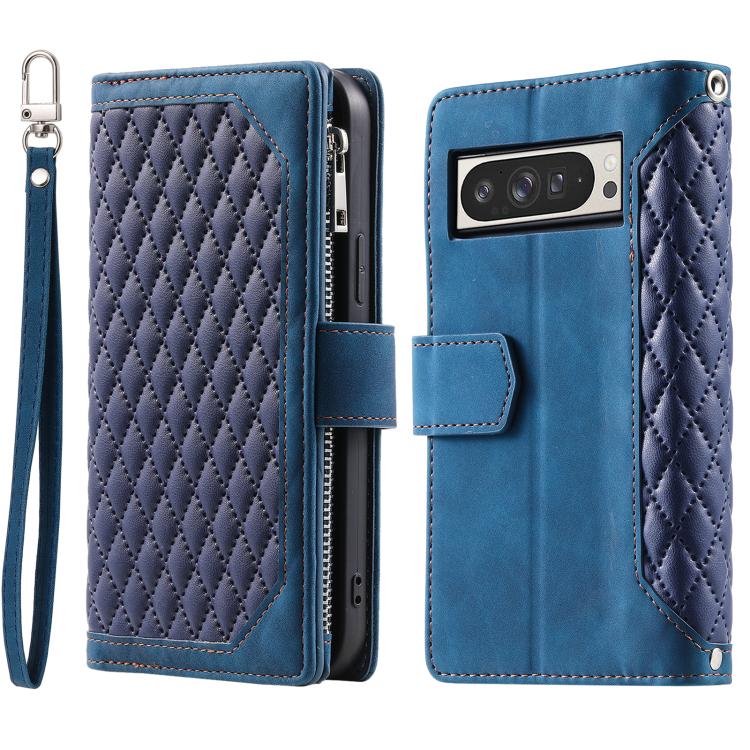 For Google Pixel 10 Pro XL Grid Texture Zipper Leather Phone Case with Lanyard