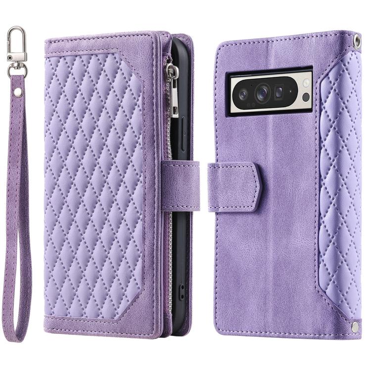 For Google Pixel 10 Pro XL Grid Texture Zipper Leather Phone Case with Lanyard