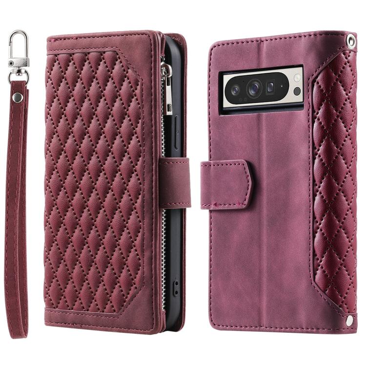For Google Pixel 10 Pro XL Grid Texture Zipper Leather Phone Case with Lanyard