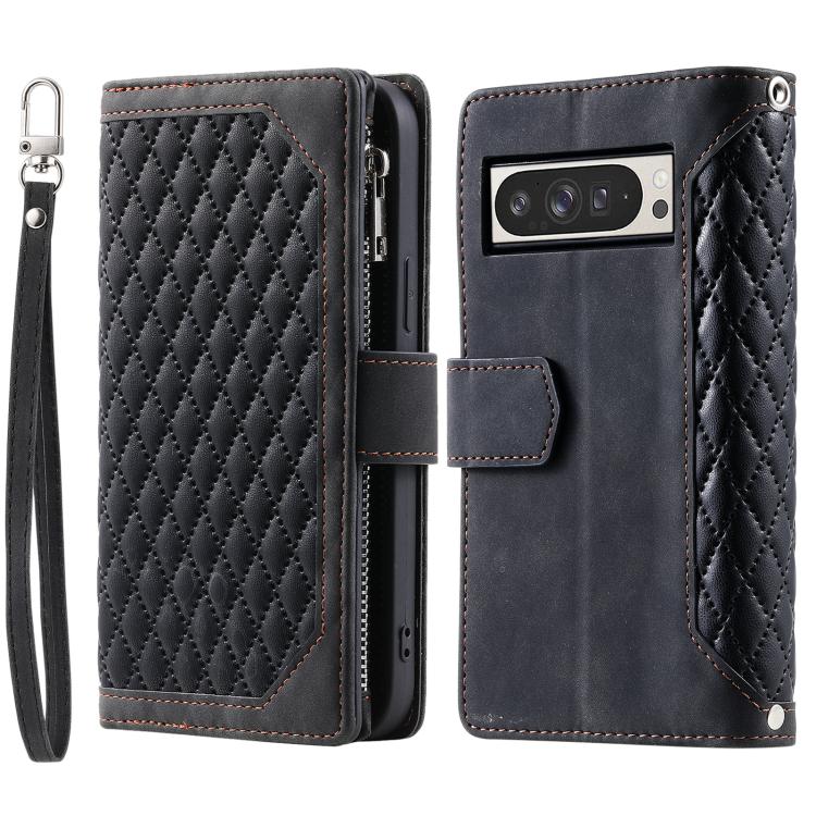 For Google Pixel 10 Pro XL Grid Texture Zipper Leather Phone Case with Lanyard