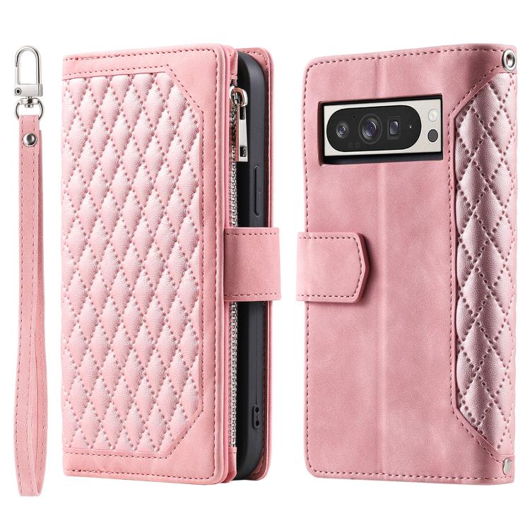 For Google Pixel 10 Pro XL Grid Texture Zipper Leather Phone Case with Lanyard