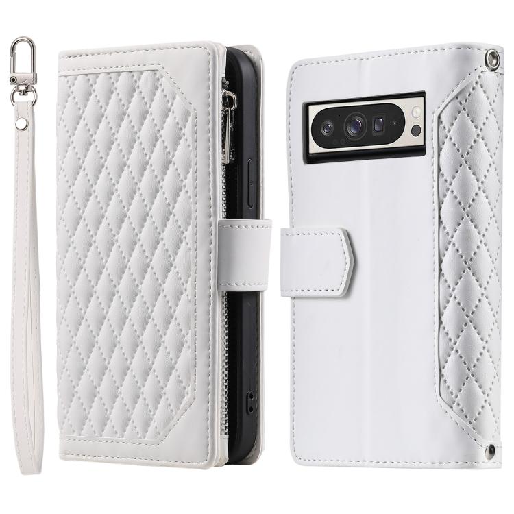 For Google Pixel 10 Pro XL Grid Texture Zipper Leather Phone Case with Lanyard