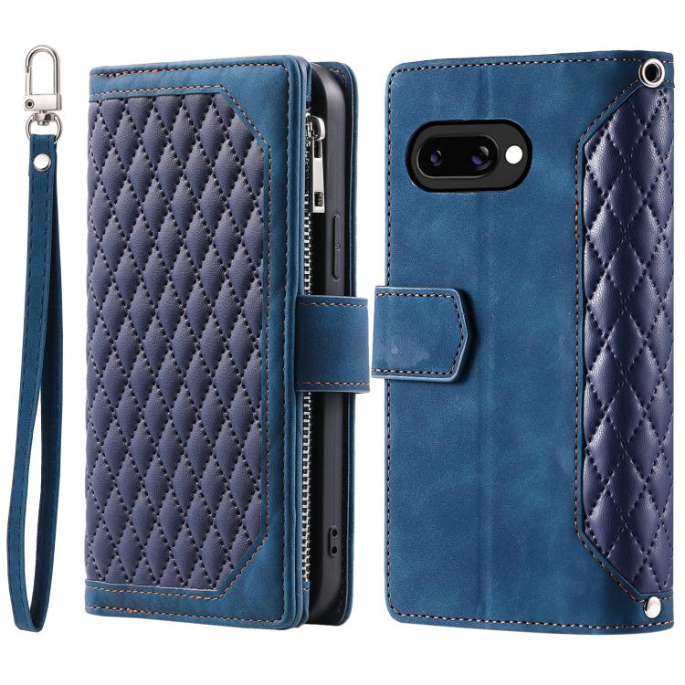 For Google Pixel 10a Grid Texture Zipper Leather Phone Case with Lanyard
