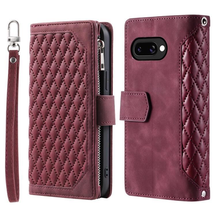For Google Pixel 10a Grid Texture Zipper Leather Phone Case with Lanyard