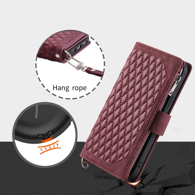 For Google Pixel 10a Grid Texture Zipper Leather Phone Case with Lanyard