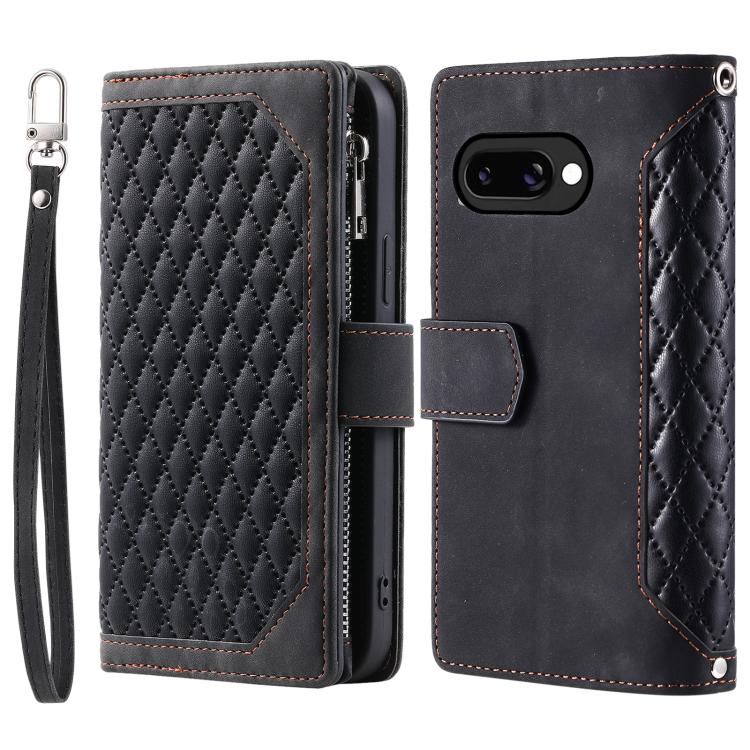 For Google Pixel 10a Grid Texture Zipper Leather Phone Case with Lanyard