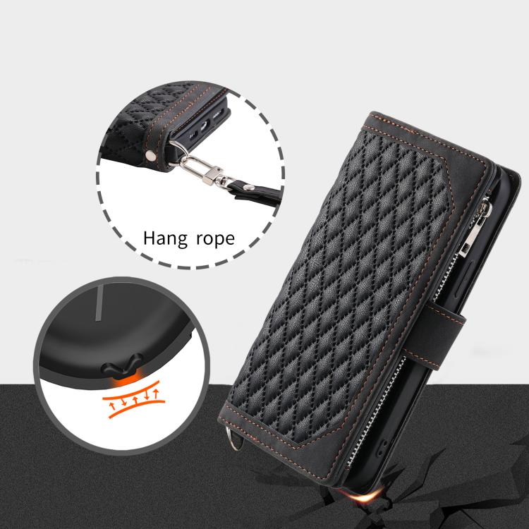 For Google Pixel 10a Grid Texture Zipper Leather Phone Case with Lanyard