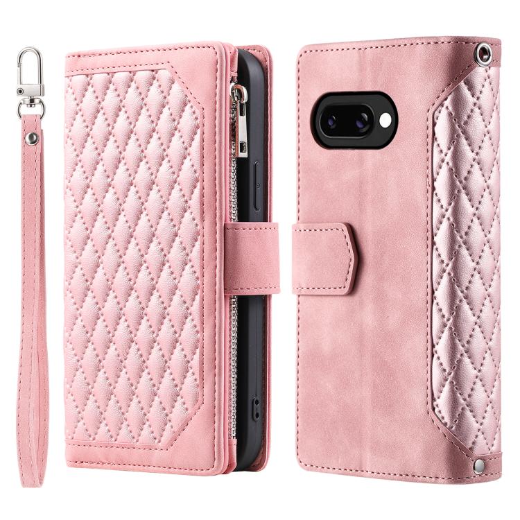 For Google Pixel 10a Grid Texture Zipper Leather Phone Case with Lanyard