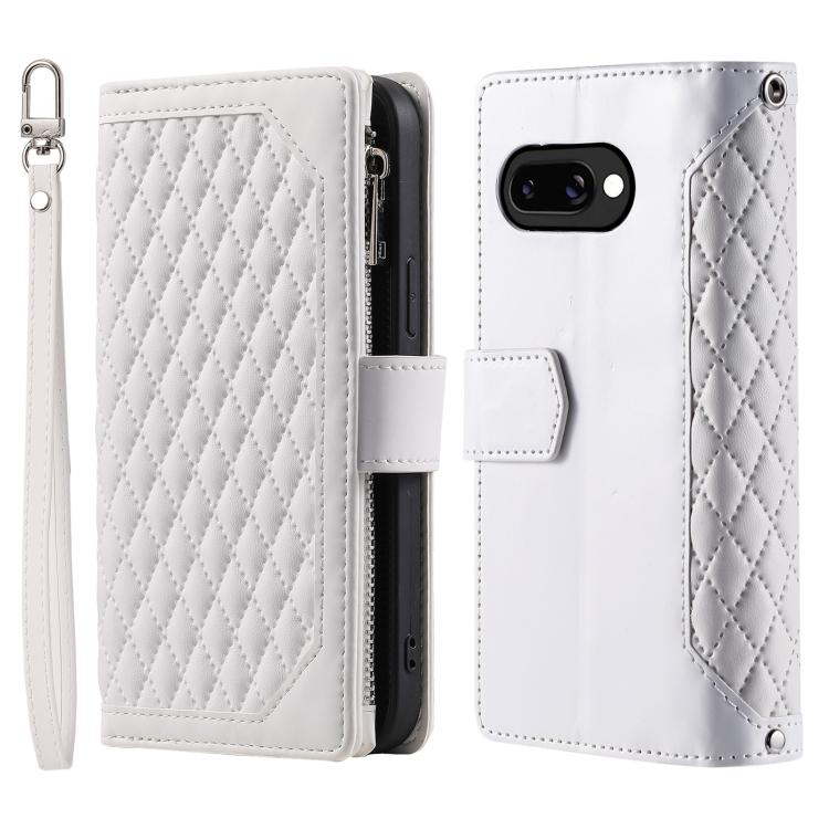 For Google Pixel 10a Grid Texture Zipper Leather Phone Case with Lanyard