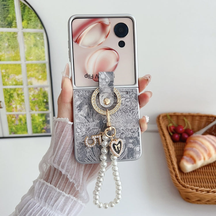 For Honor Magic V Flip Embroidery Style Full Coverage Phone Case with Ring Bead Chain
