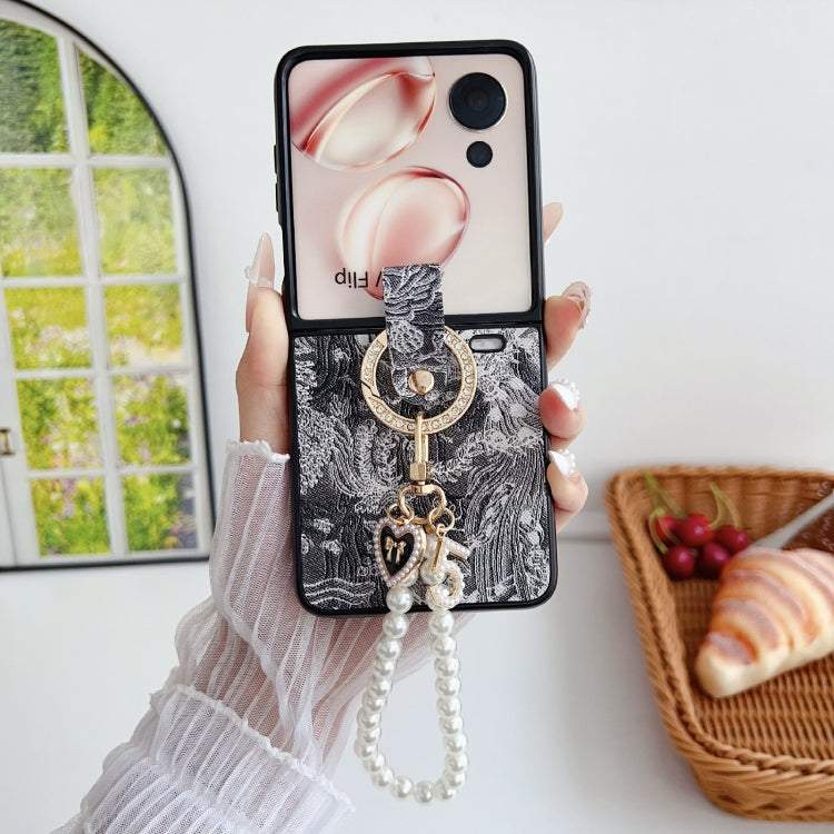 For Honor Magic V Flip Embroidery Style Full Coverage Phone Case with Ring Bead Chain