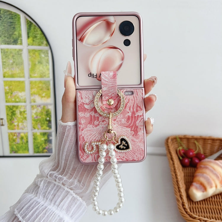 For Honor Magic V Flip Embroidery Style Full Coverage Phone Case with Ring Bead Chain