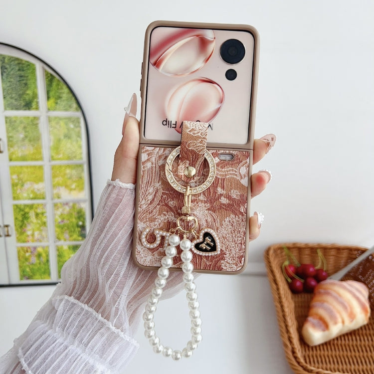 For Honor Magic V Flip Embroidery Style Full Coverage Phone Case with Ring Bead Chain