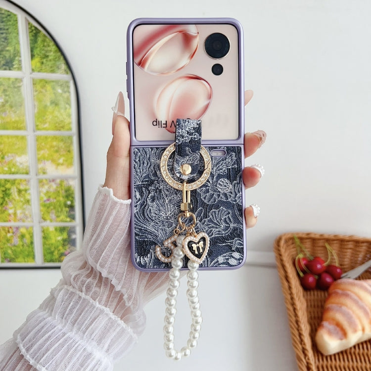 For Honor Magic V Flip Embroidery Style Full Coverage Phone Case with Ring Bead Chain