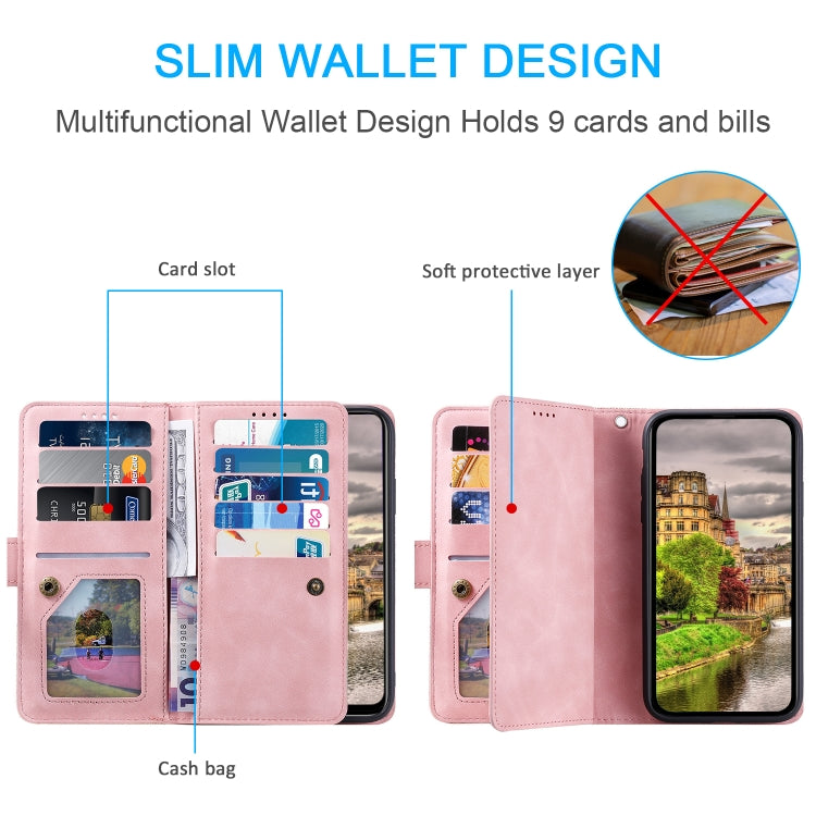 For Google Pixel 9a Nine Card Zipper Bag Leather Phone Case with Lanyard
