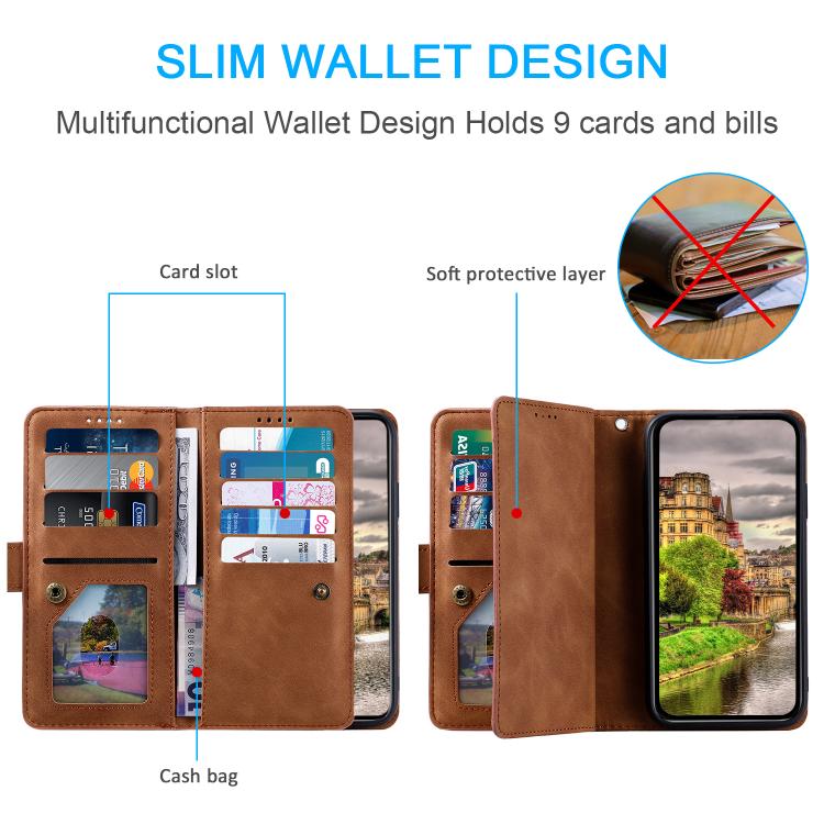 For Google Pixel 10 / 10 Pro Nine Card Zipper Bag Leather Phone Case with Lanyard
