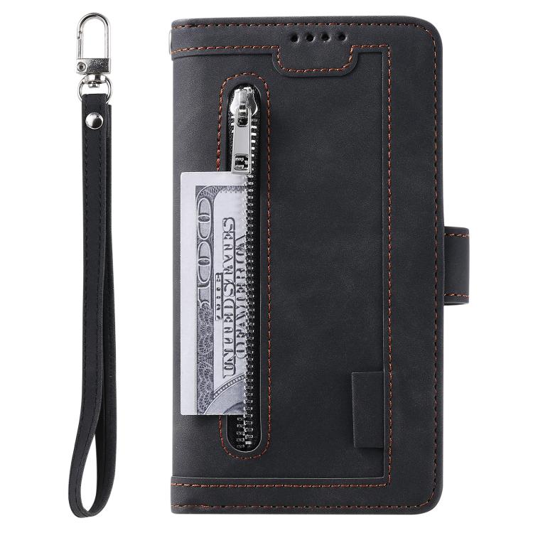 For Google Pixel 10a Nine Card Zipper Bag Leather Phone Case with Lanyard