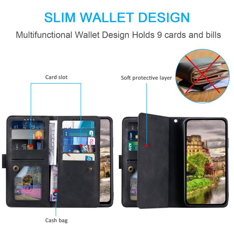 For Google Pixel 10a Nine Card Zipper Bag Leather Phone Case with Lanyard